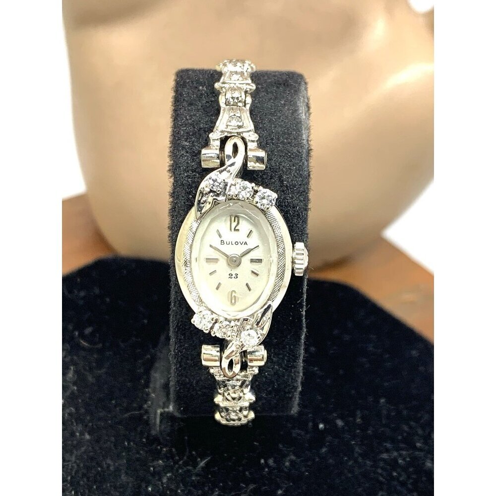 Bulova Women's Watch 14k White Gold Diamond Antique Cocktail Manual Wind Petite